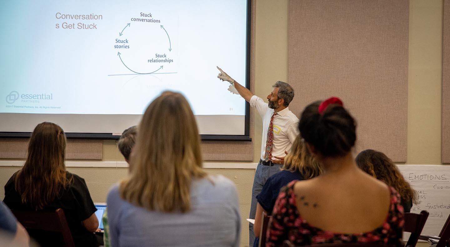 Photo: EP's John Sarrouf pointing toward projection (credit Buck Butler)